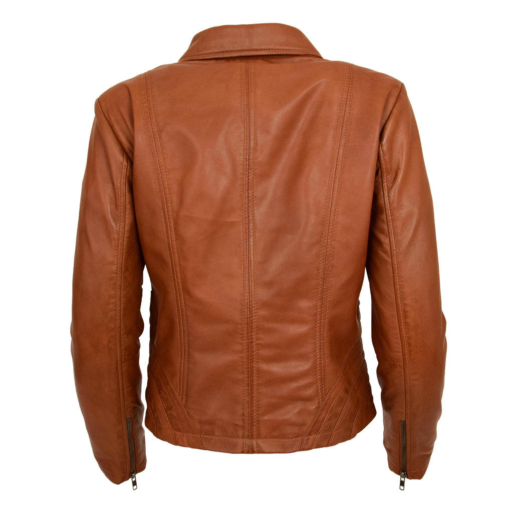 DR223 Women's Classic Leather Biker Zip Box Jacket Tan 2