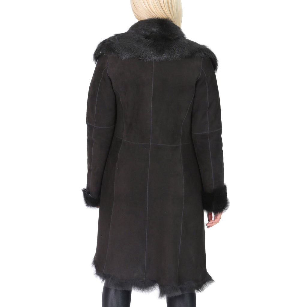 DR220 Women's Shearling Long Italian Sheepskin Leather Coat Black 3