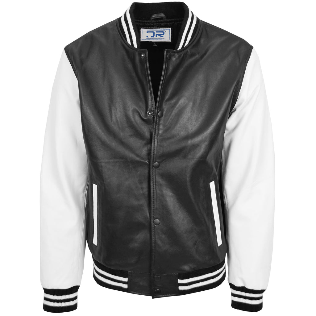 DR182 Men's Leather College Boy Varsity Jacket Black White 1