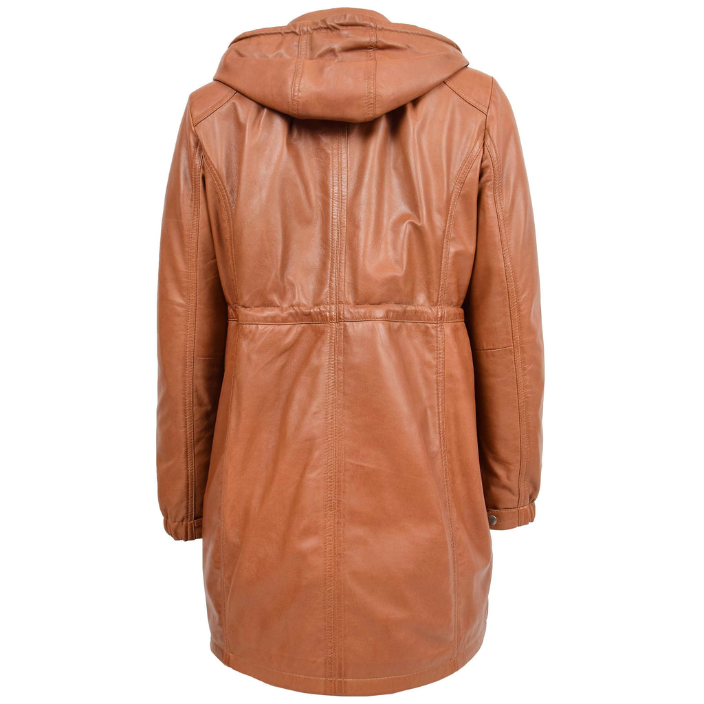 DR218 Women's Smart Long Leather Coat Hood Tan 2