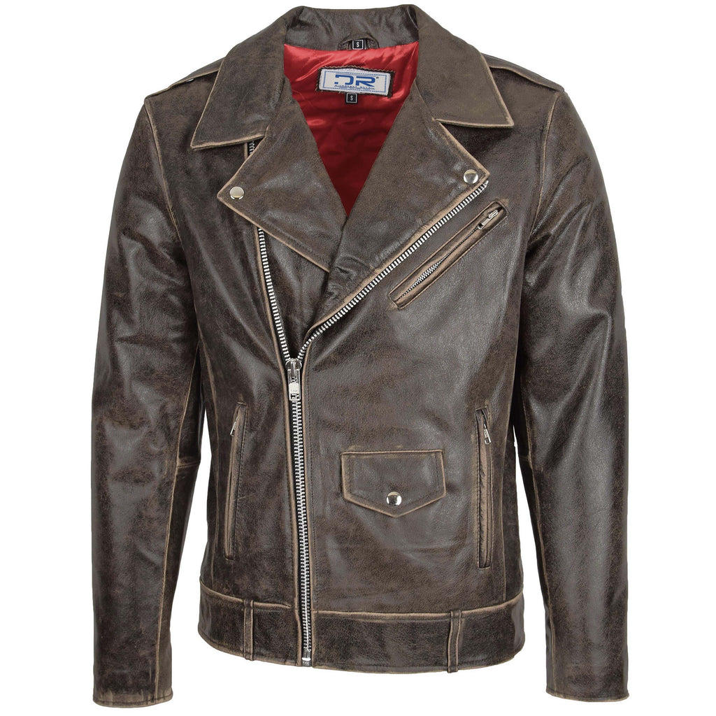 DR147 Men's Leather Biker Brando Design Jacket Brown 1