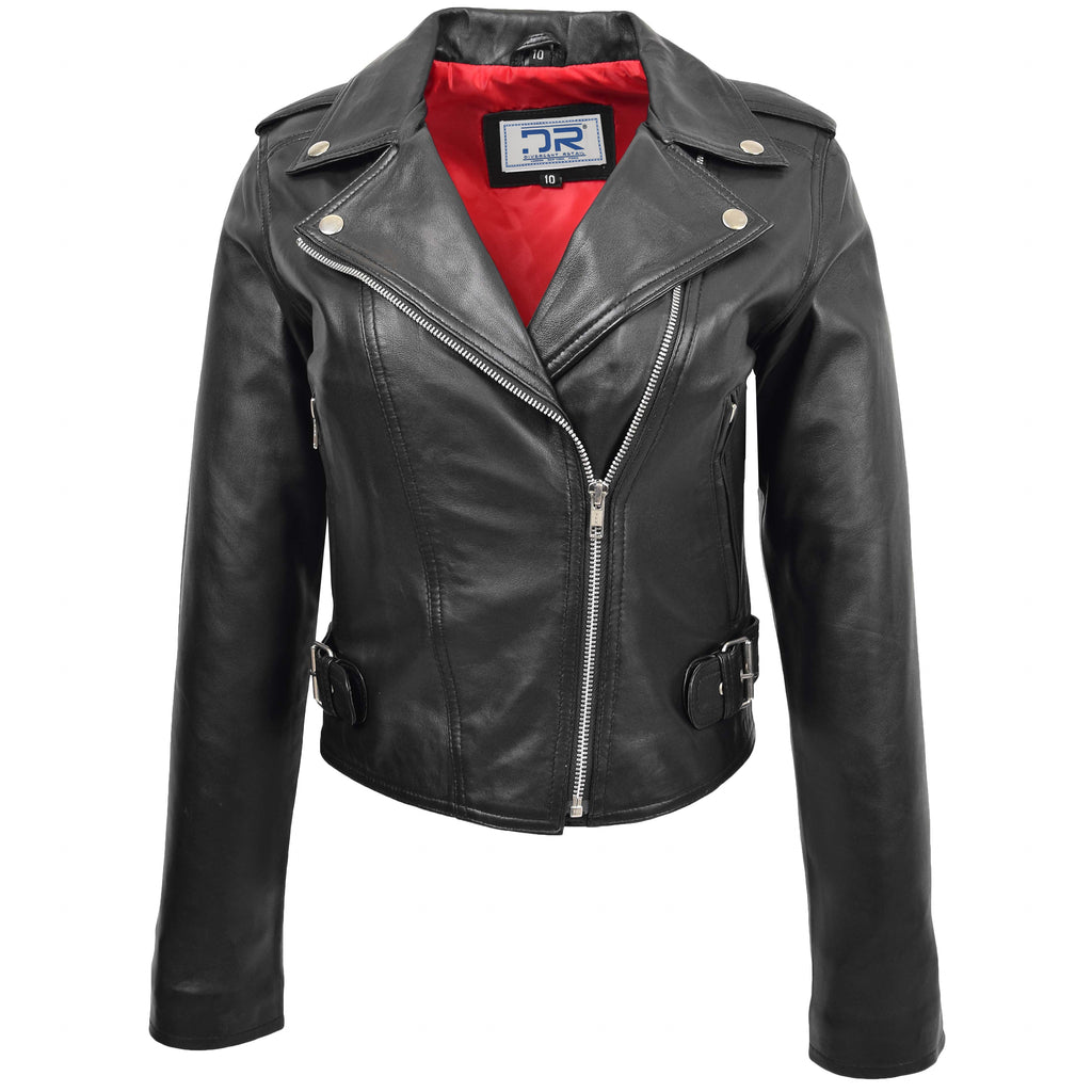 DR221 Women's Chic Biker Fitted Leather Jacket Black 1