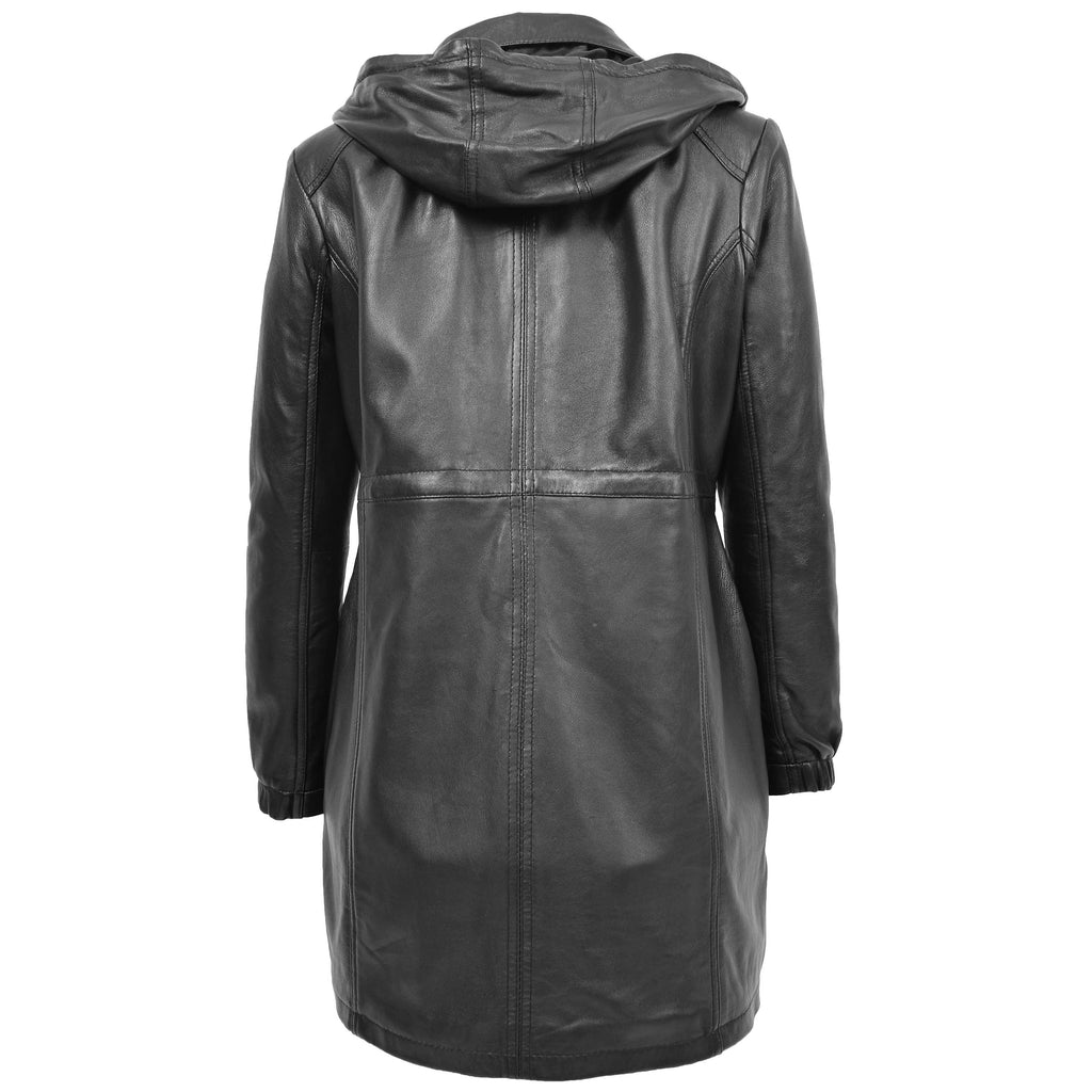 DR218 Women's Smart Long Leather Coat Hood Black 2