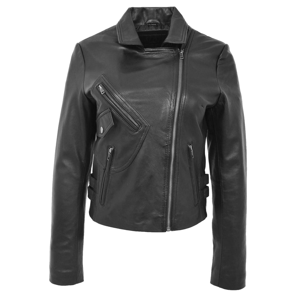 DR208 Women's Collarless Biker Leather jacket Black 2