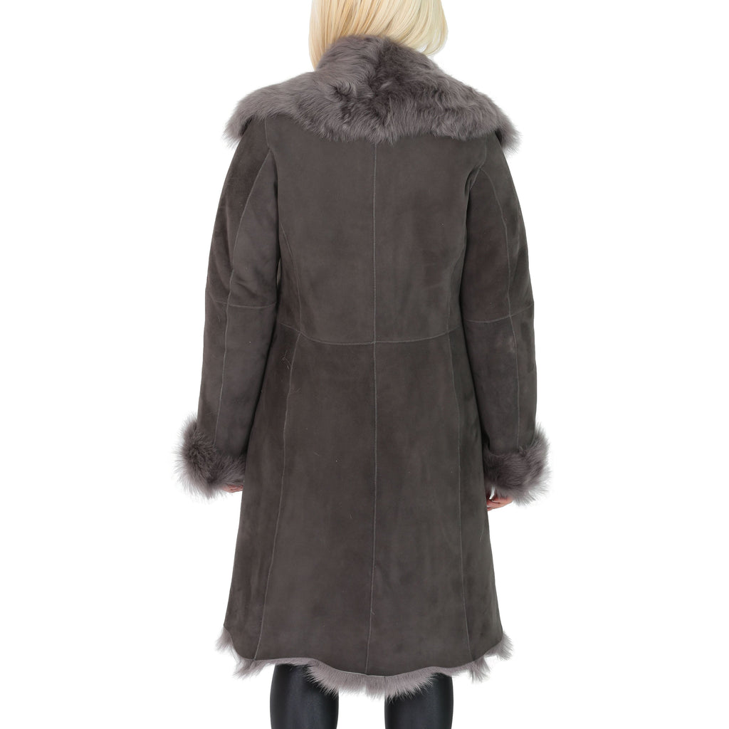 DR220 Women's Shearling Long Italian Sheepskin Leather Coat Grey 4