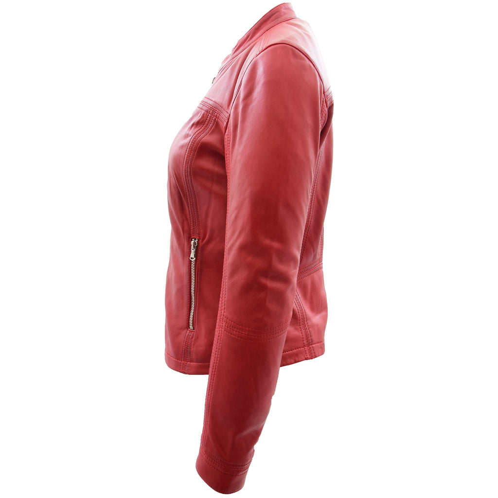 DR257 Women's Leather Classic Biker Style Jacket Red 3