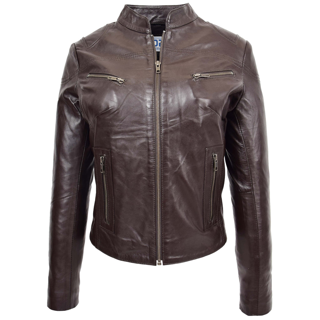 DR200 Ladies Classic Casual Biker Leather Jacket Brown 1