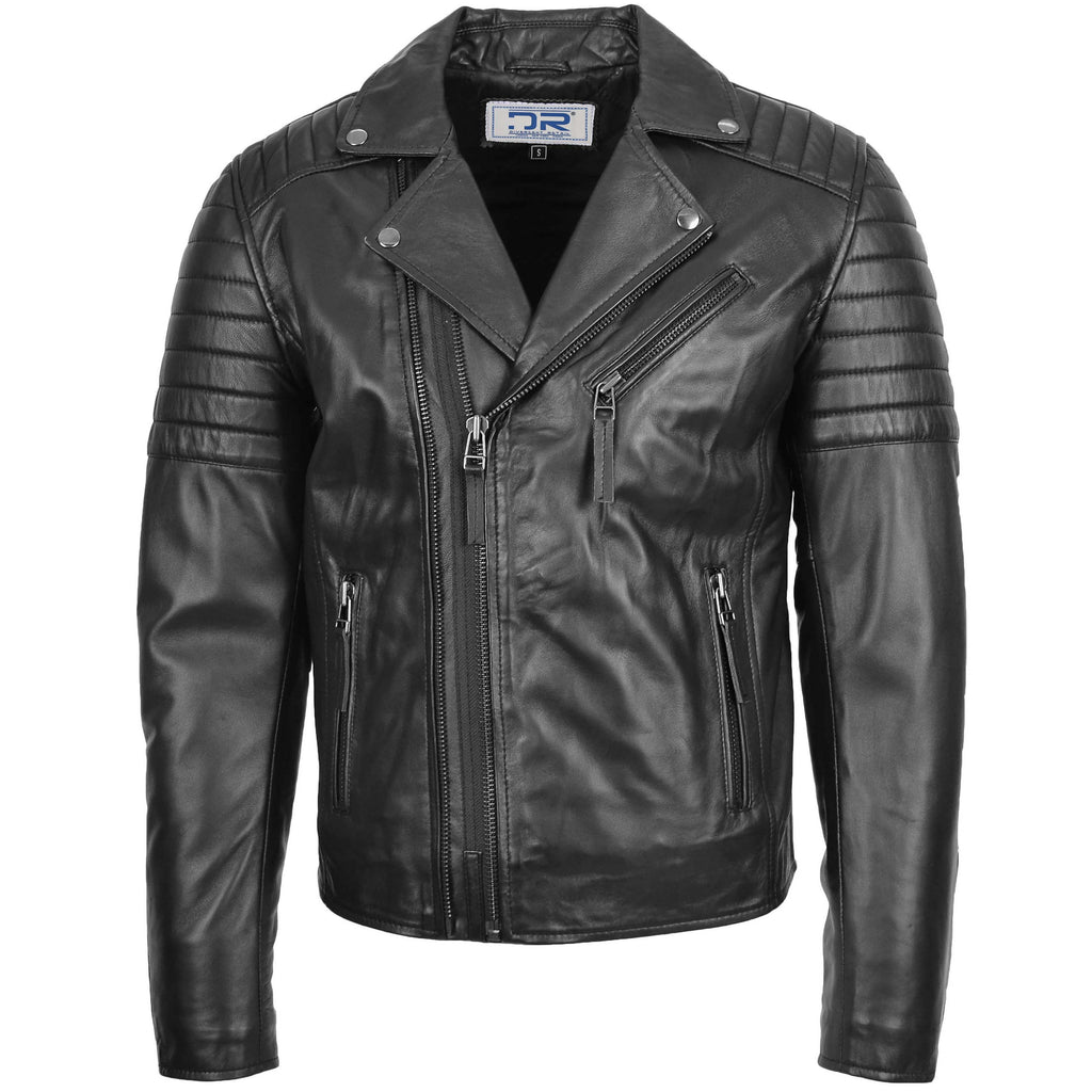 DR145 Men's Quilted Biker Leather Jacket Black 1