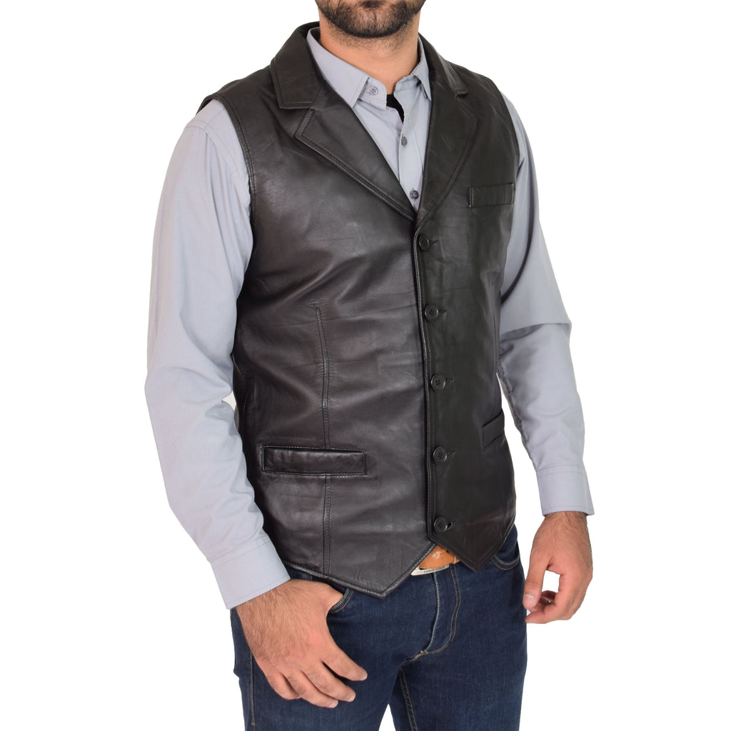 DR126 Men's Blazer Style Sheep Leather Waistcoat Black 2