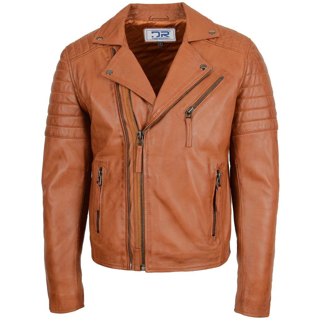 DR145 Men's Quilted Biker Leather Jacket Tan 1