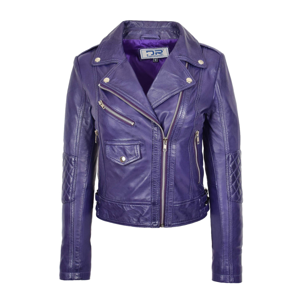 DR207 Women's Real Leather Biker Cross Zip Jacket Purple 1