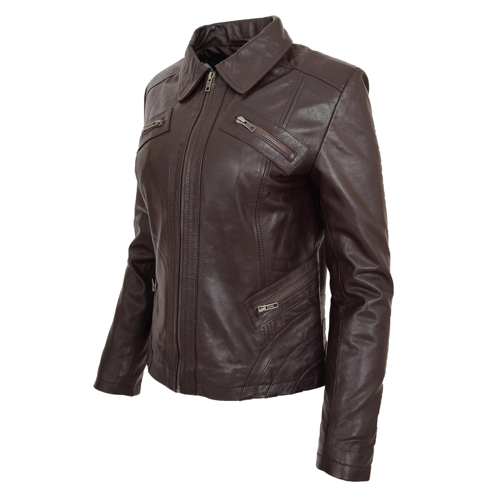 DR223 Women's Classic Leather Biker Zip Box Jacket Brown 3