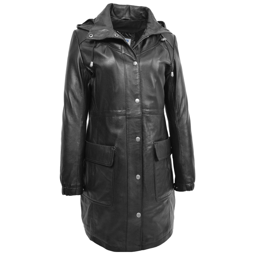 DR218 Women's Smart Long Leather Coat Hood Black 3