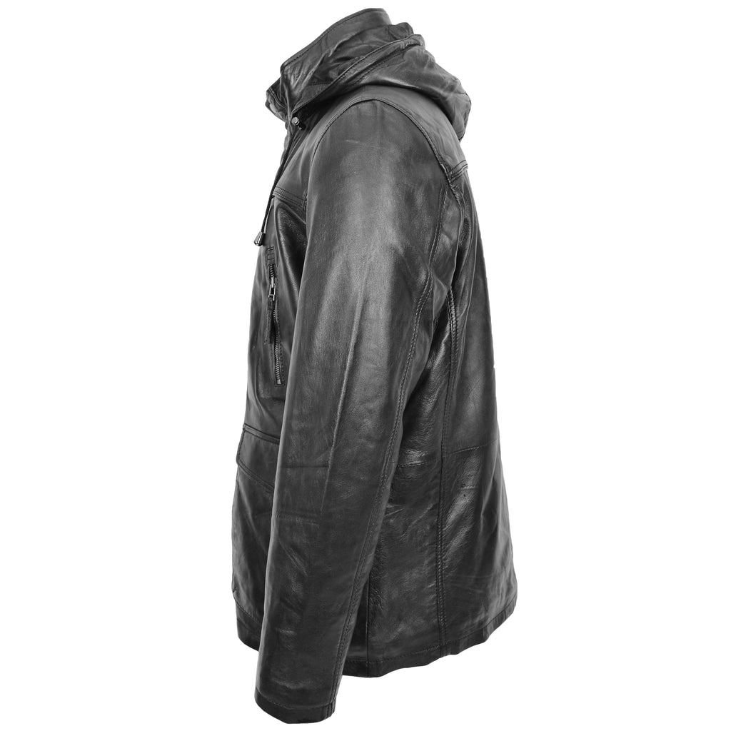 DR192 Men's Leather Parka Detachable Hoodie Black 4