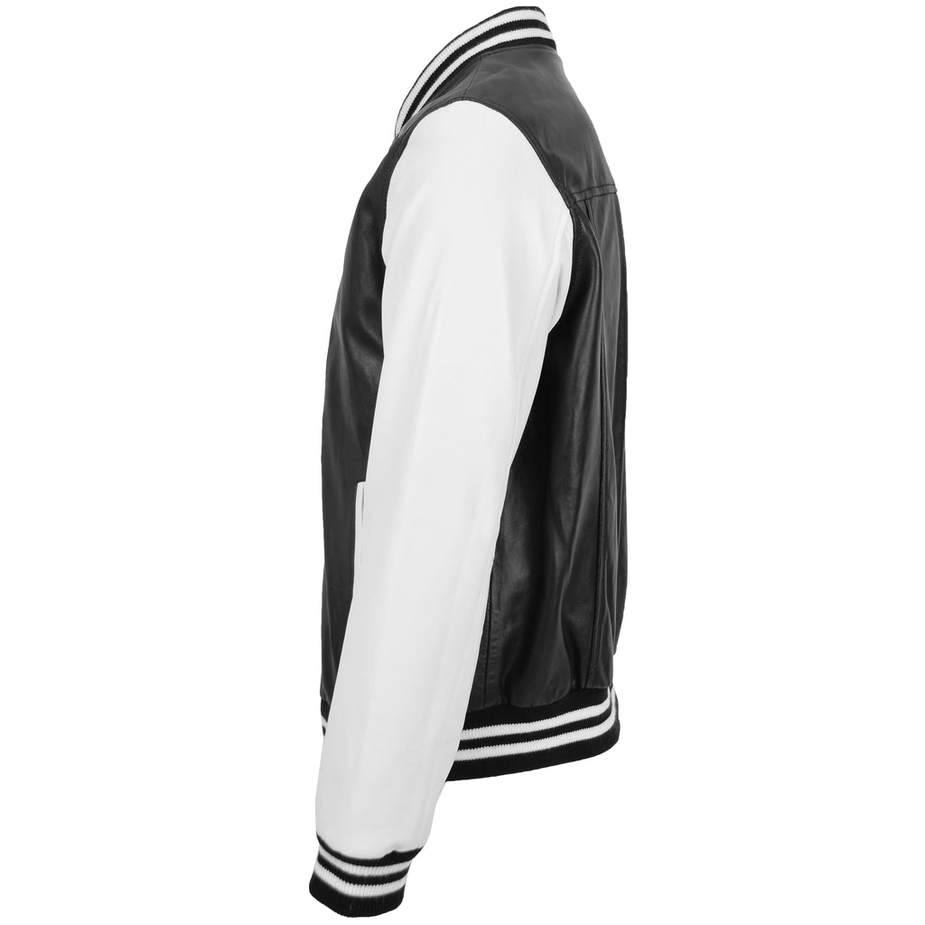 DR182 Men's Leather College Boy Varsity Jacket Black White 3