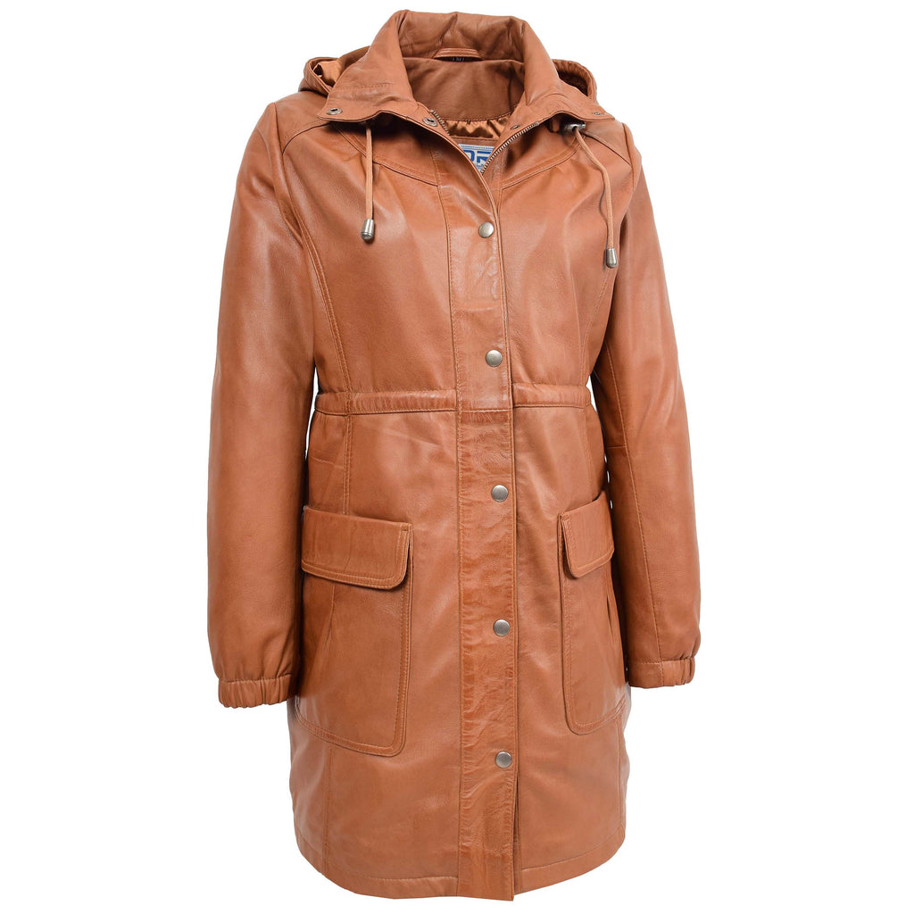 DR218 Women's Smart Long Leather Coat Hood Tan 3