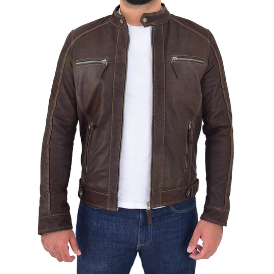 DR193 Men’s Real Waxed Leather Biker Jacket Brown 2