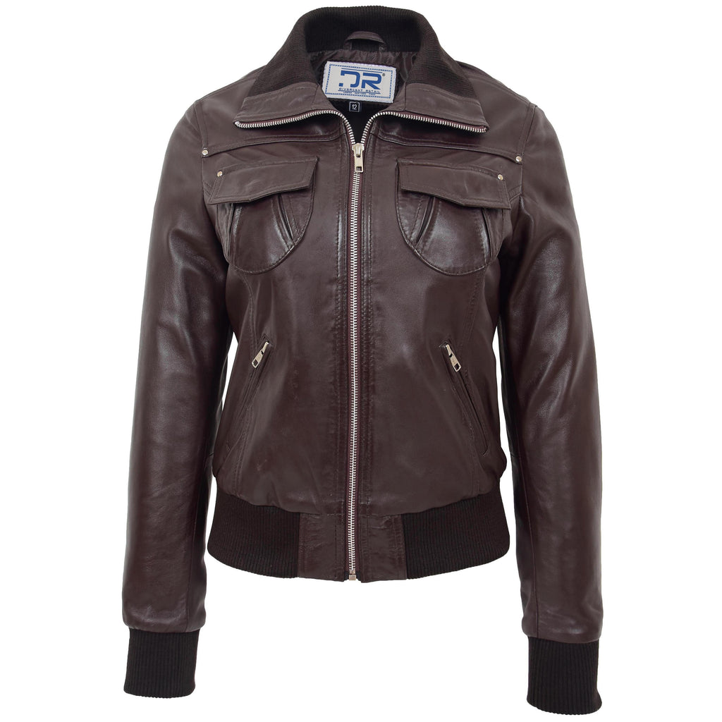 DR514 Womens Leather Classic Bomber Jacket Brown  1