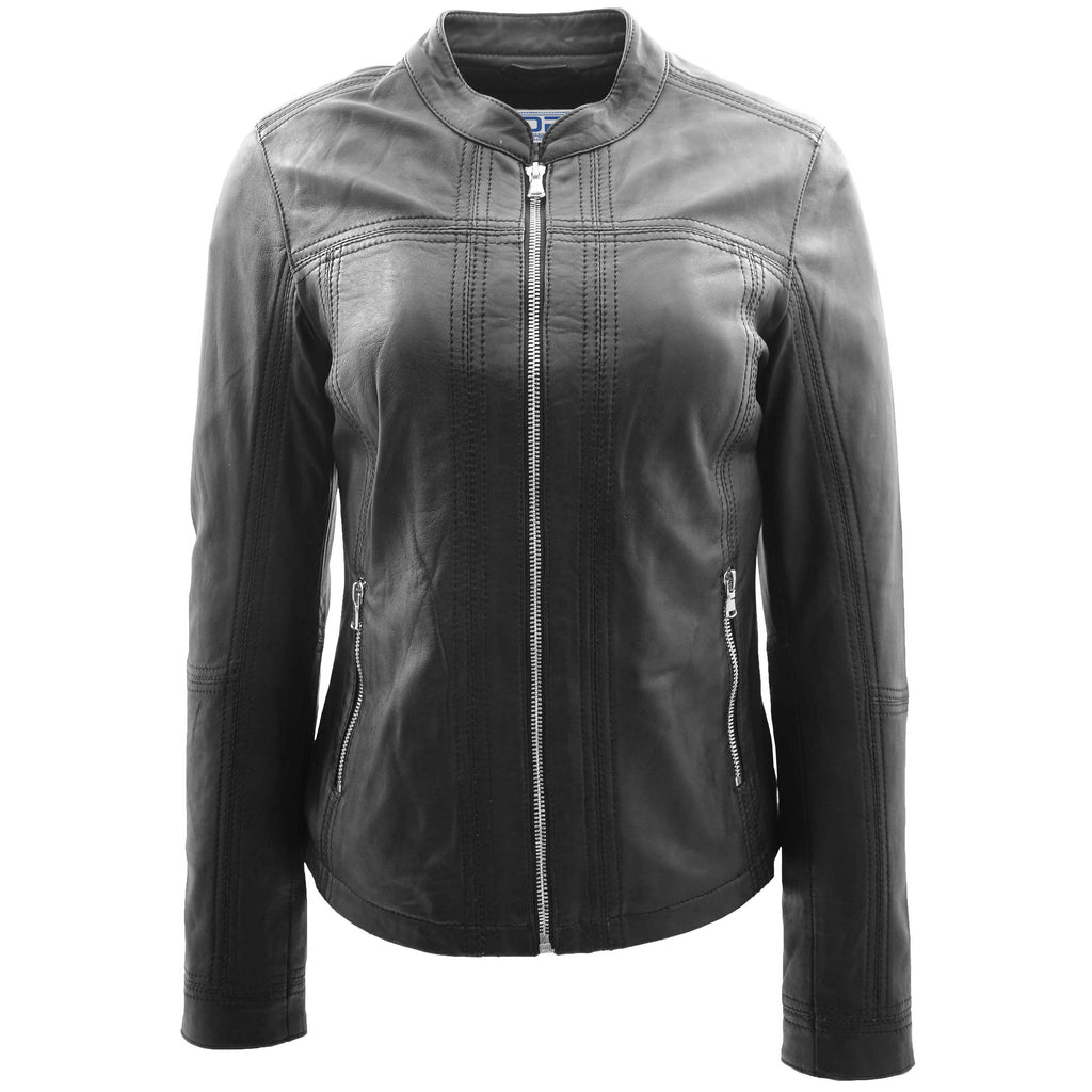 DR257 Women's Leather Classic Biker Style Jacket Black 1