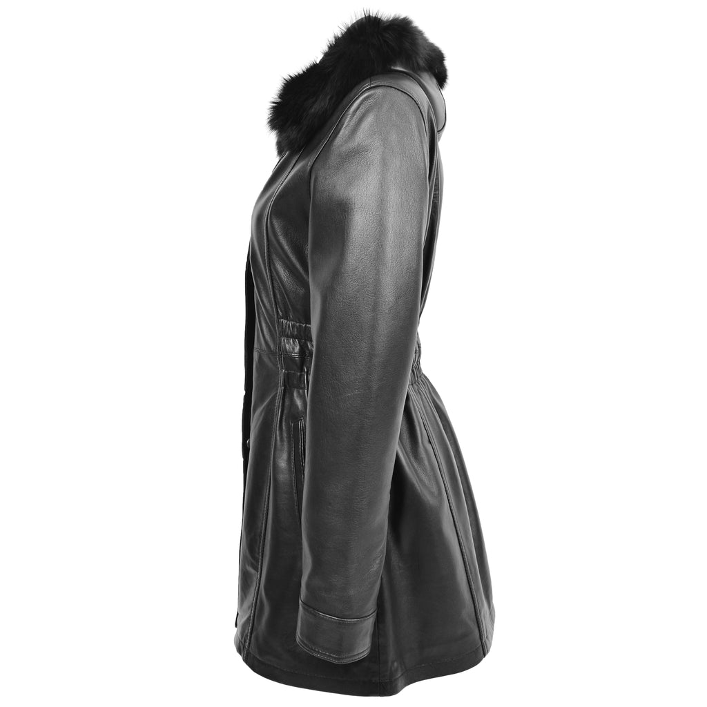 DR204 Women's Smart Long Leather Coat Hood with Fur Black 4