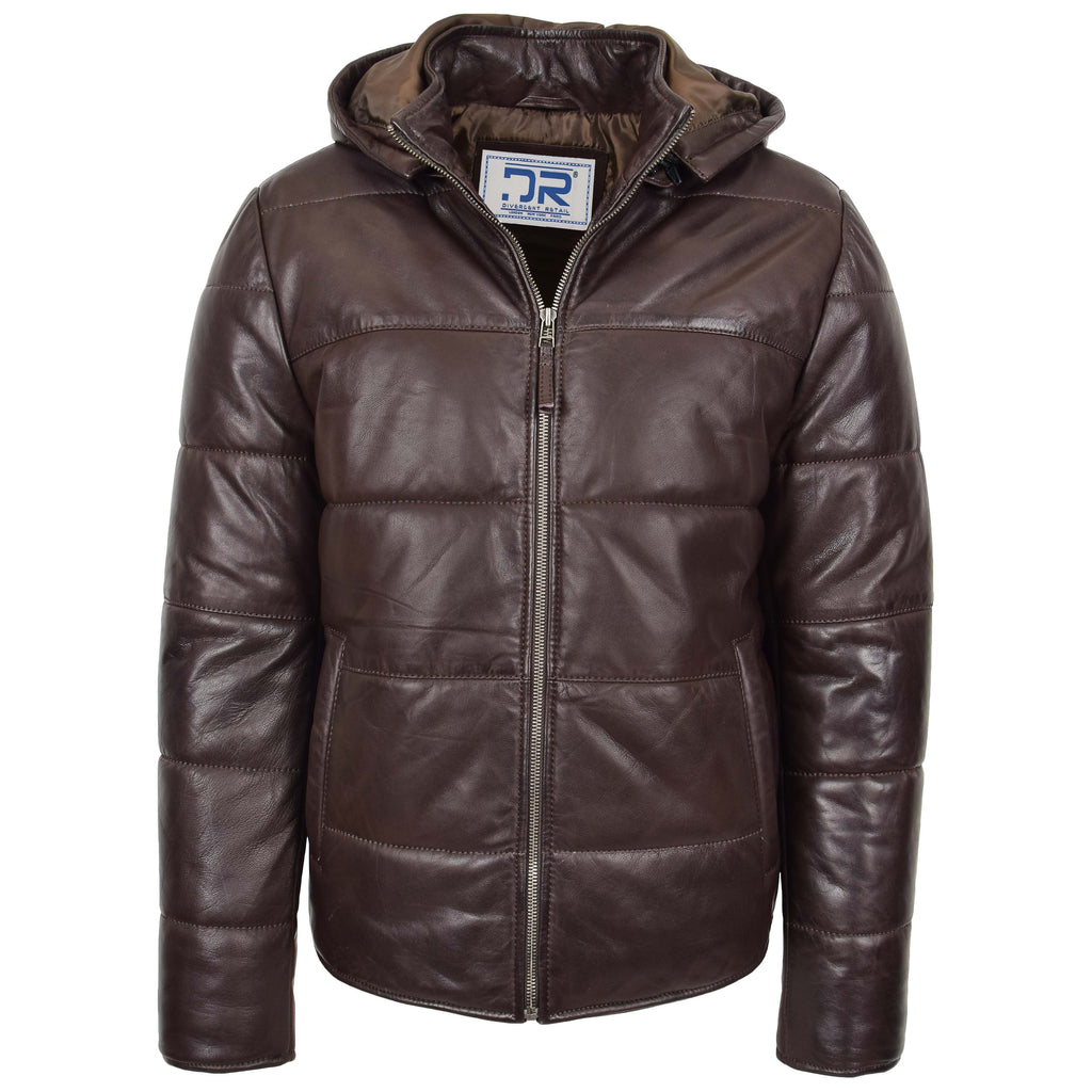 DR188 Men's Leather Hooded Puffer Jacket Brown 1