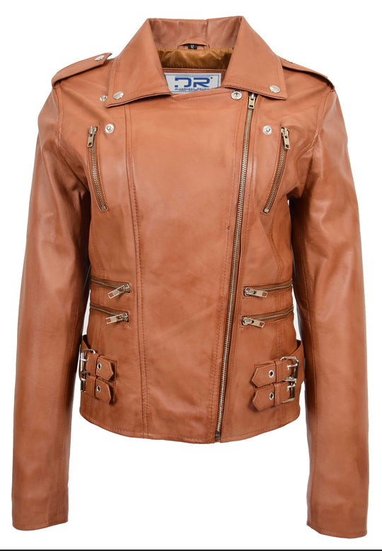 DR195 Women’s Trendy Biker Leather Jacket Cognac 3