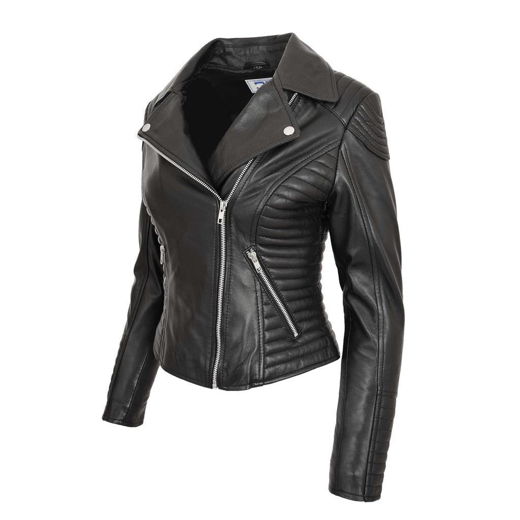 DR206 Women's Soft Leather Cross Zip Biker Jacket Black 4