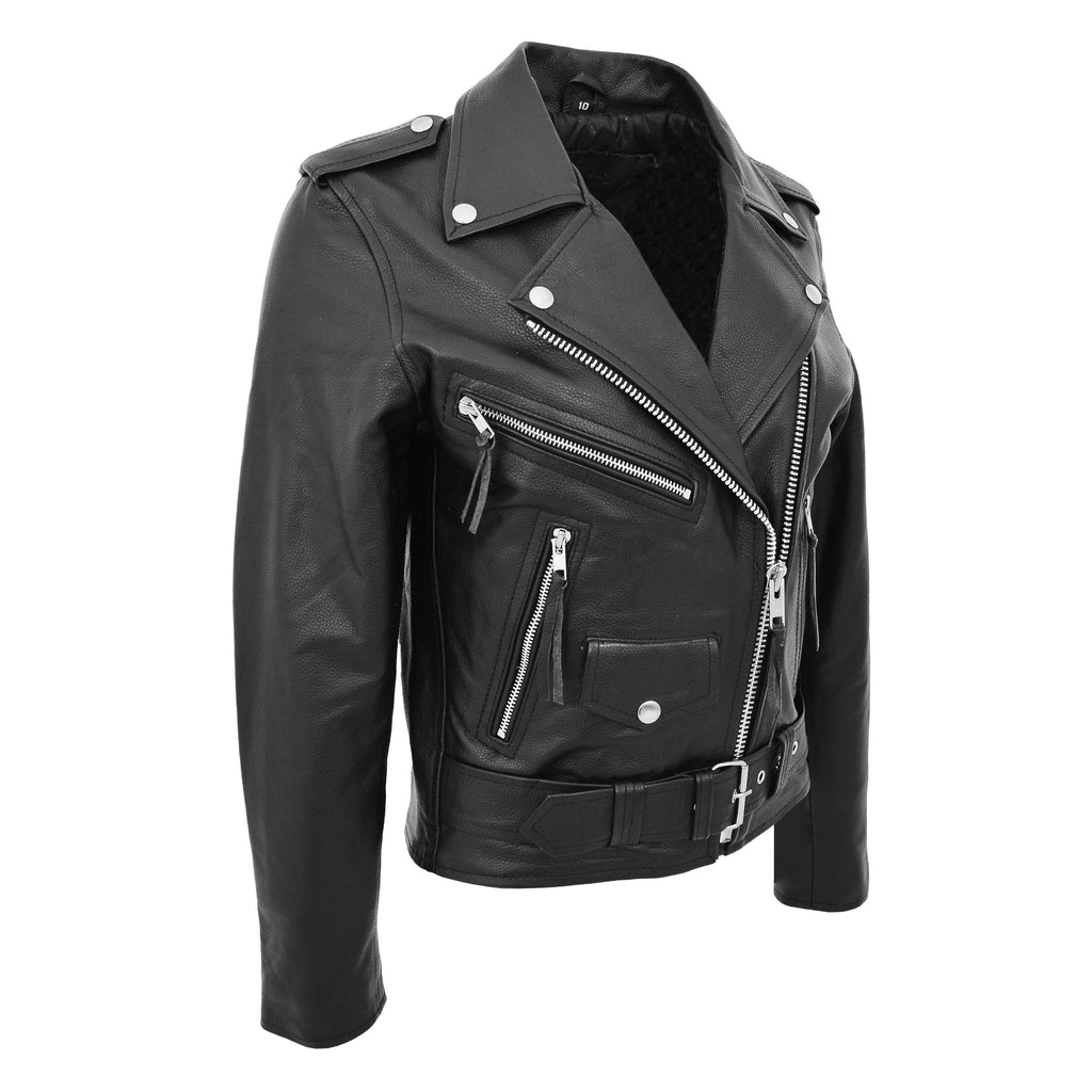 DR224 Women's Biker Chic Real Leather Jacket Black 2