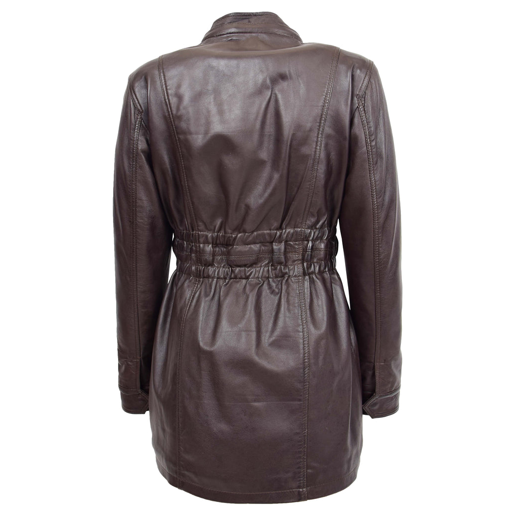 DR204 Women's Smart Long Leather Coat Hood with Fur Brown 2