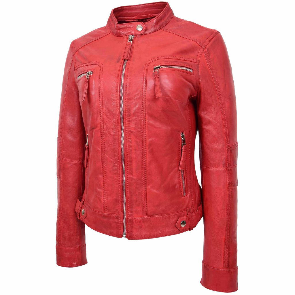 DR245 Women's Real Leather Biker Jacket Red 3