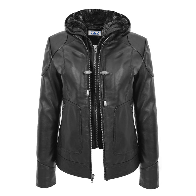 DR266 Women’s Black Leather Biker Style Jacket With Removable Hood 4