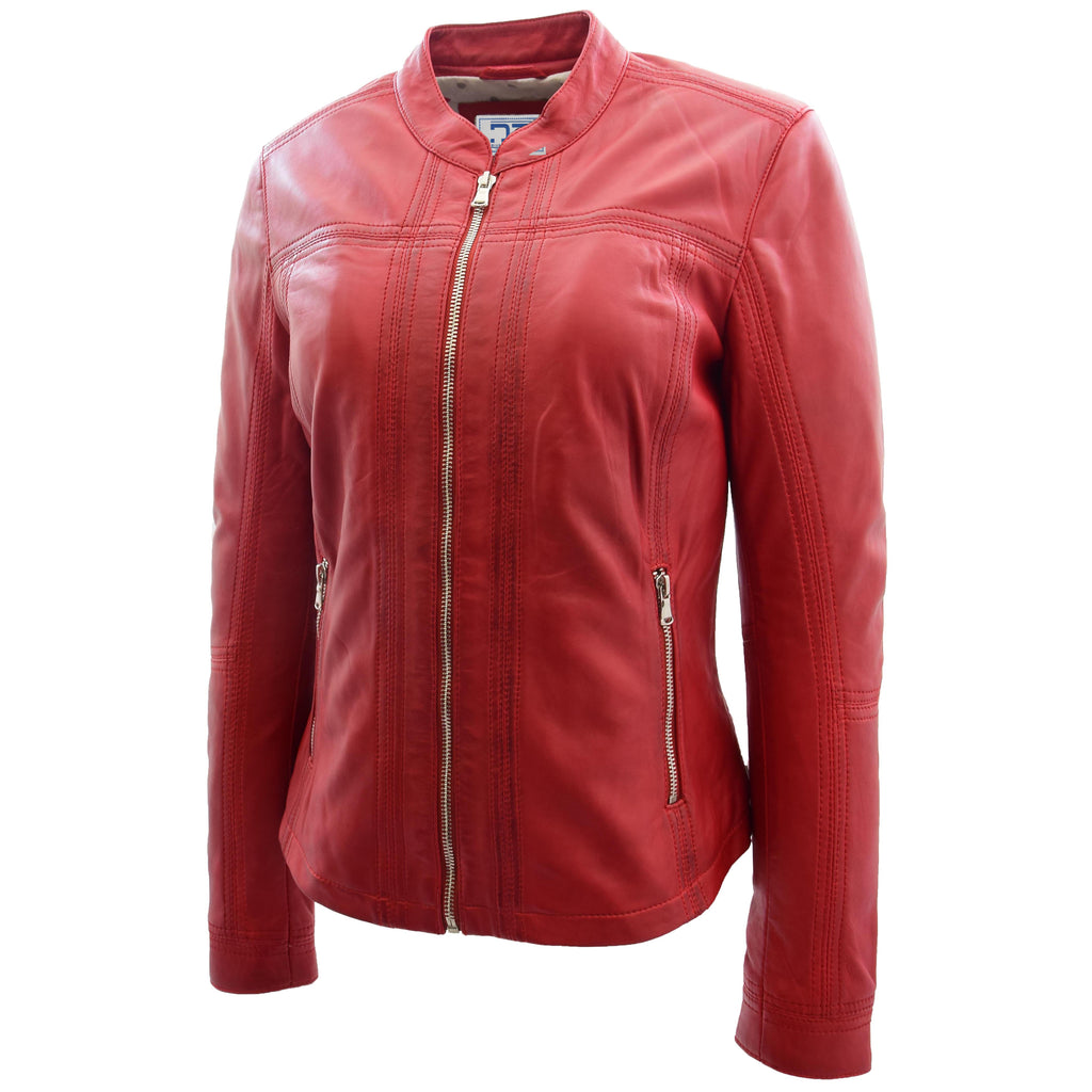 DR257 Women's Leather Classic Biker Style Jacket Red 4