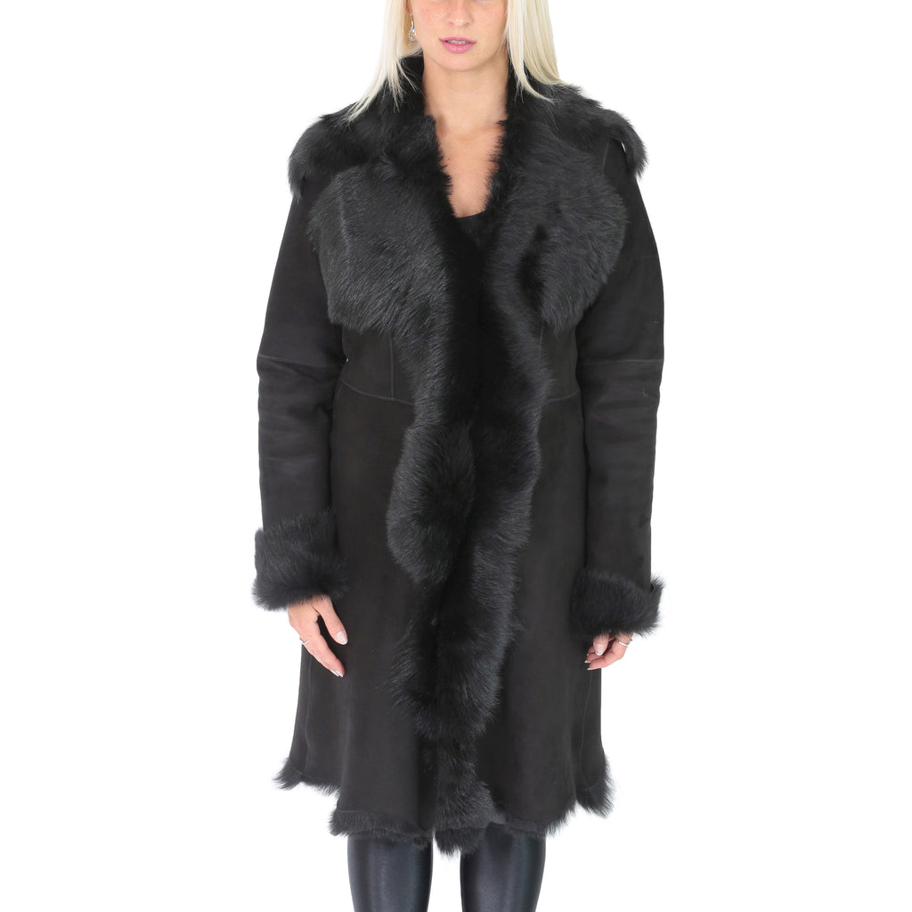 DR220 Women's Shearling Long Italian Sheepskin Leather Coat Black 4