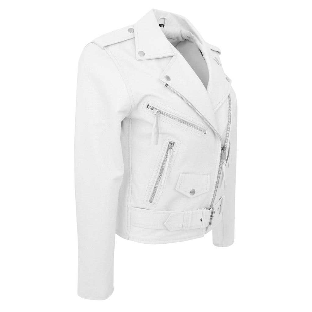 DR224 Women's Biker Chic Real Leather Jacket White 6