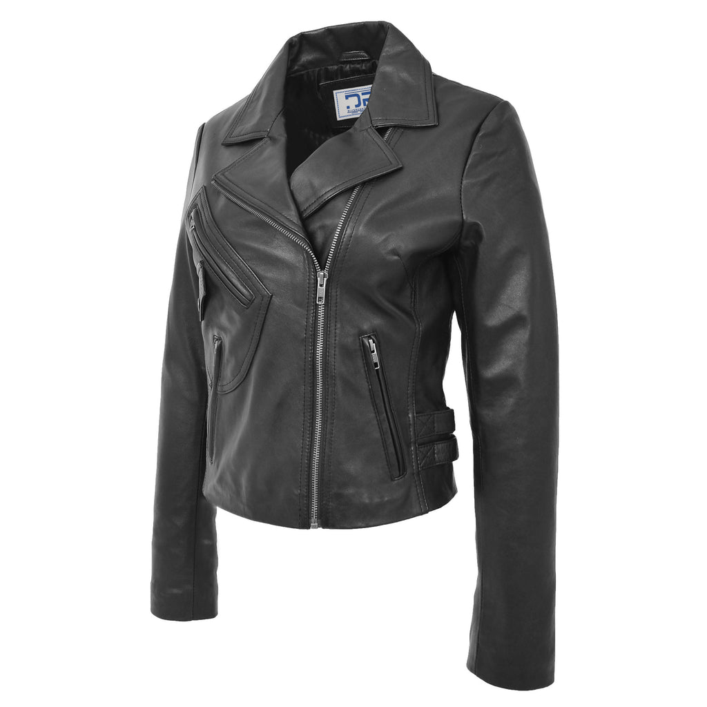 DR208 Women's Collarless Biker Leather jacket Black  3