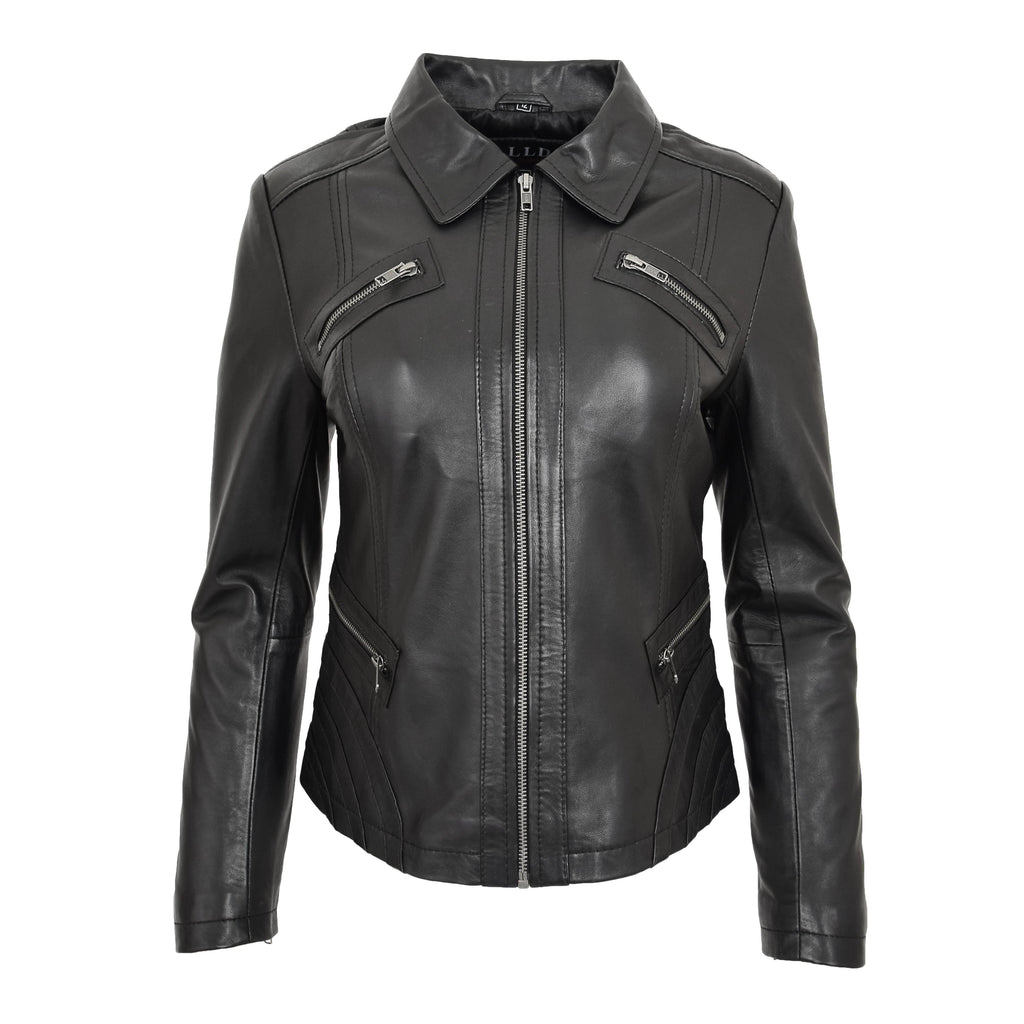 DR223 Women's Classic Leather Biker Zip Box Jacket Black 2