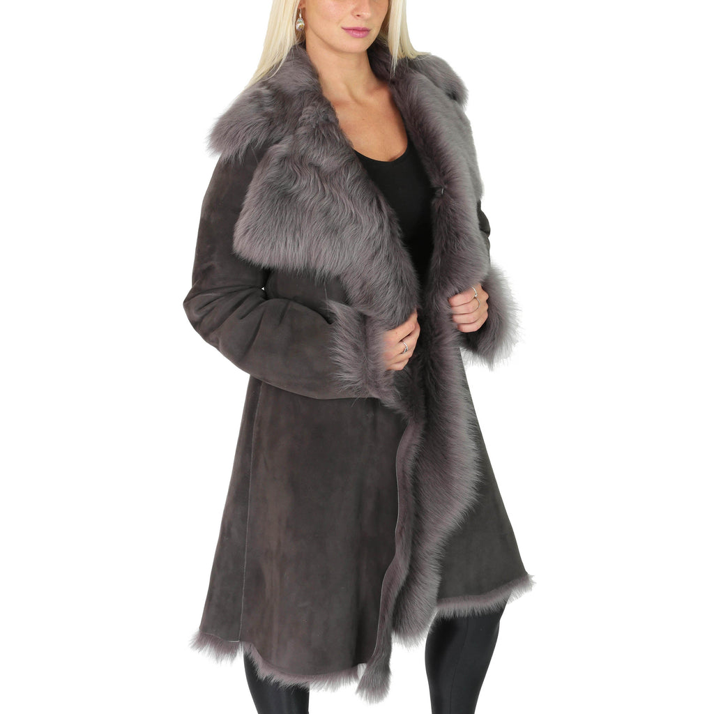 DR220 Women's Shearling Long Italian Sheepskin Leather Coat Grey 5