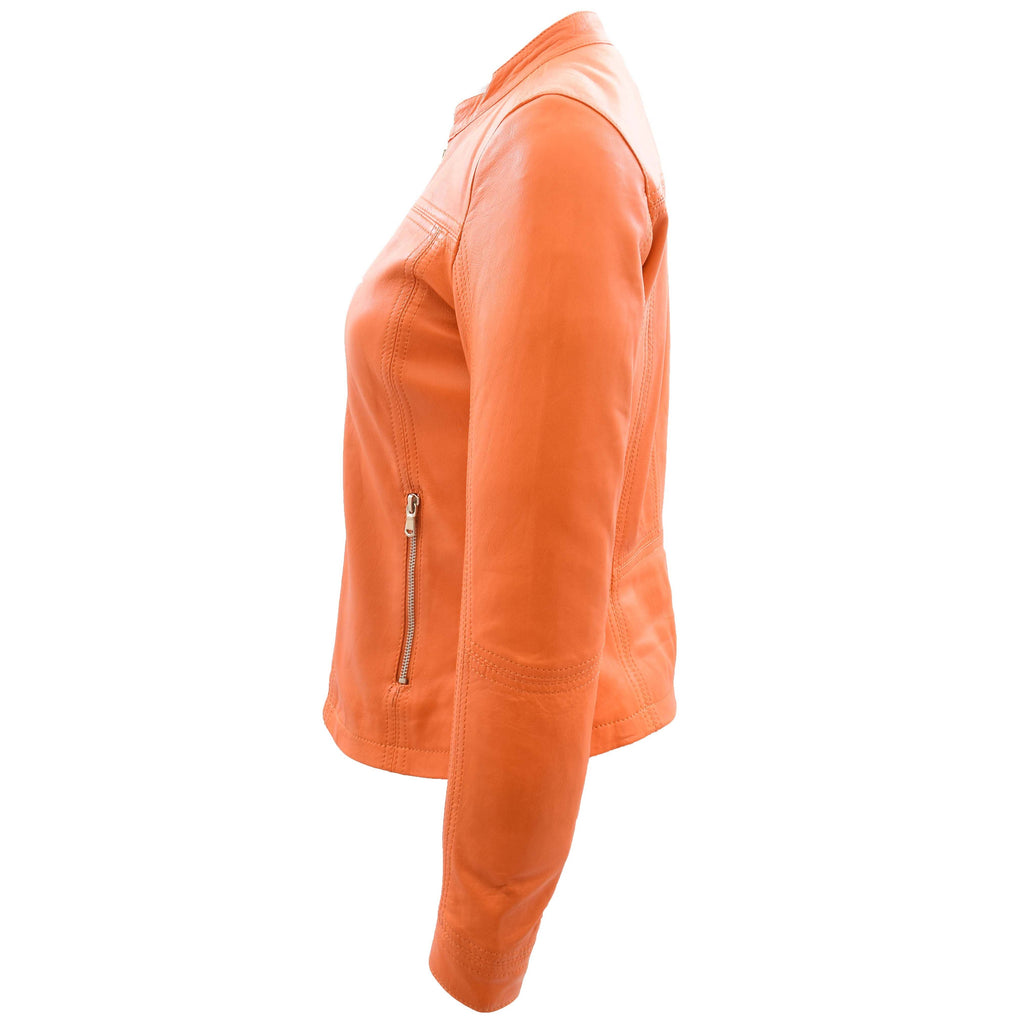 DR257 Women's Leather Classic Biker Style Jacket Orange 3