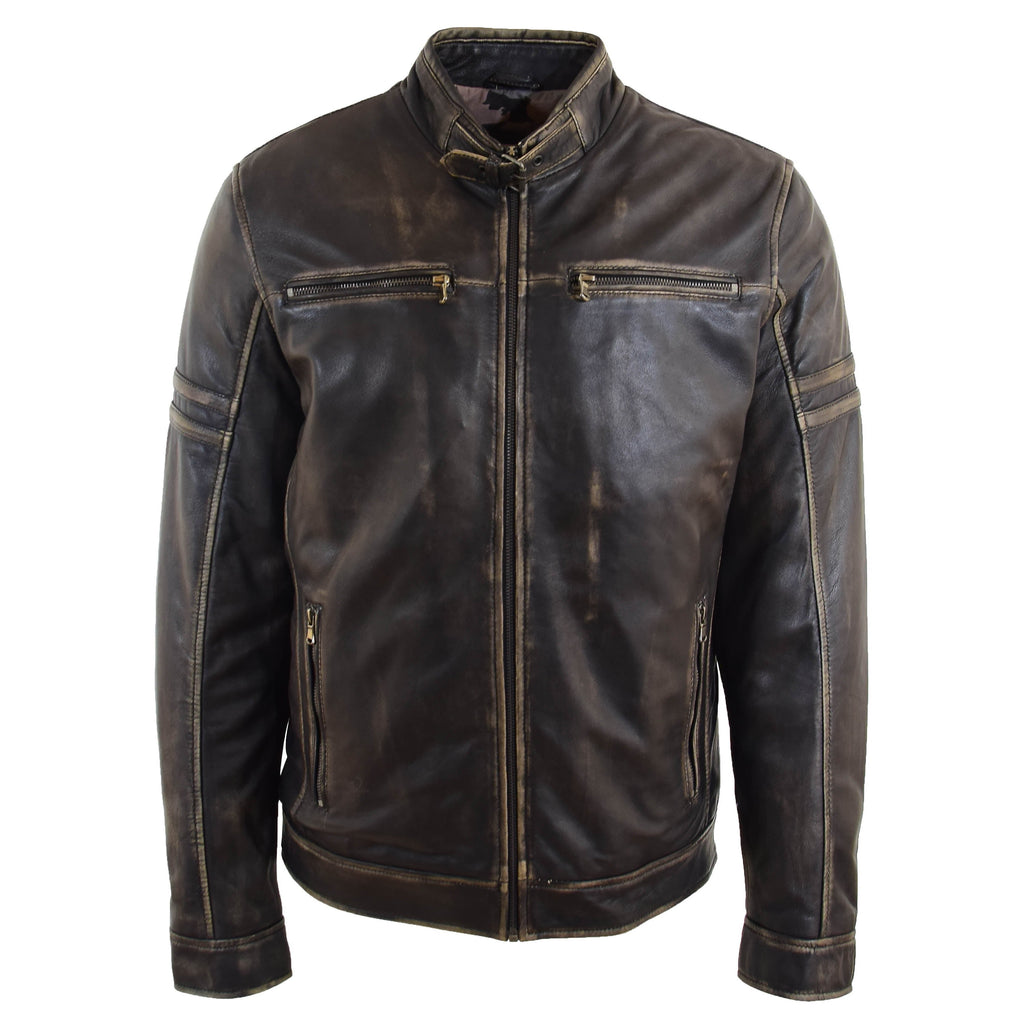 DR528 Men's Genuine Leather Biker Style Jacket Vintage Rub Off Black 1