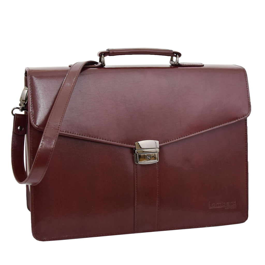 DR474 Men's Leather Flap Over Briefcase Brown 1