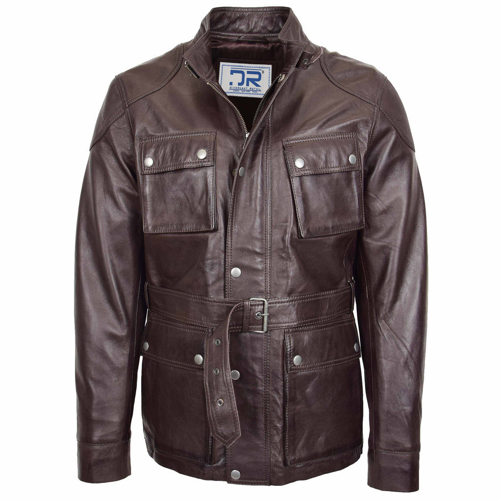 DR190 Men’s Leather Trendy Safari Jacket With Waist Belt Brown 1