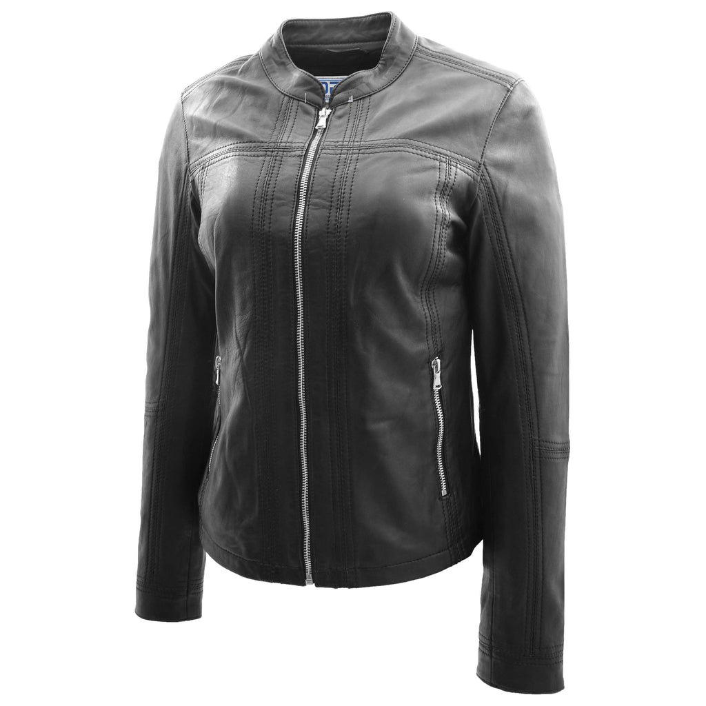 DR257 Women's Leather Classic Biker Style Jacket Black 4