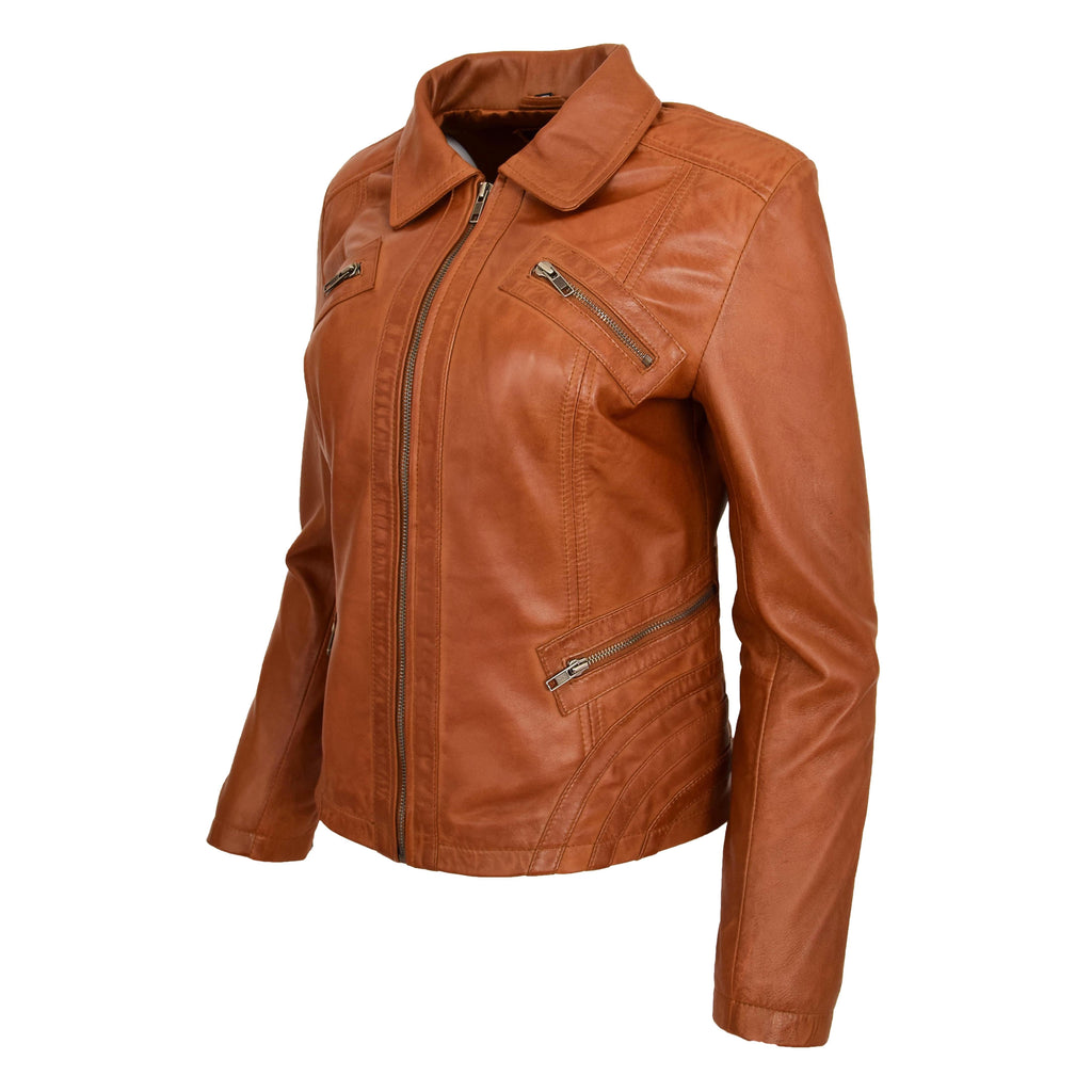 DR223 Women's Classic Leather Biker Zip Box Jacket Tan 4