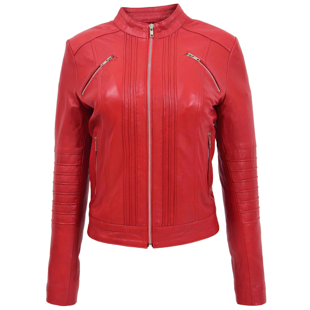 DR222 Women's Casual Biker Leather Jacket Red 3