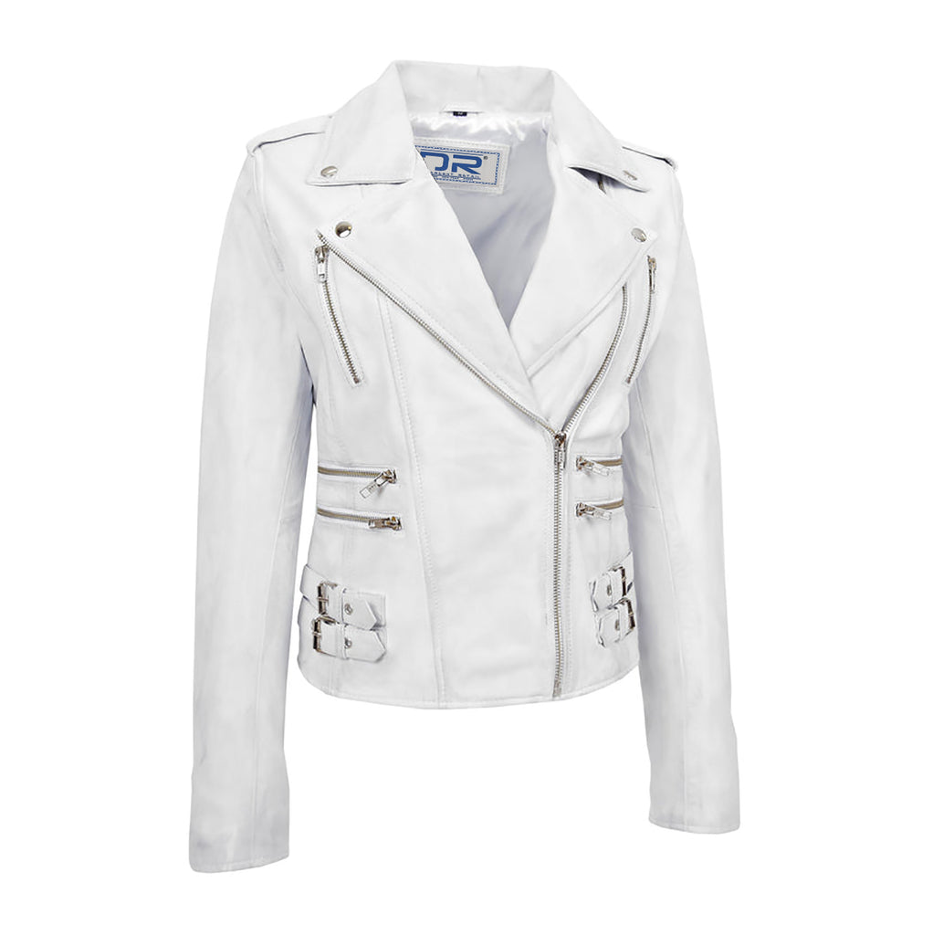 DR195 Women’s Trendy Biker Leather Jacket White Vintage 4