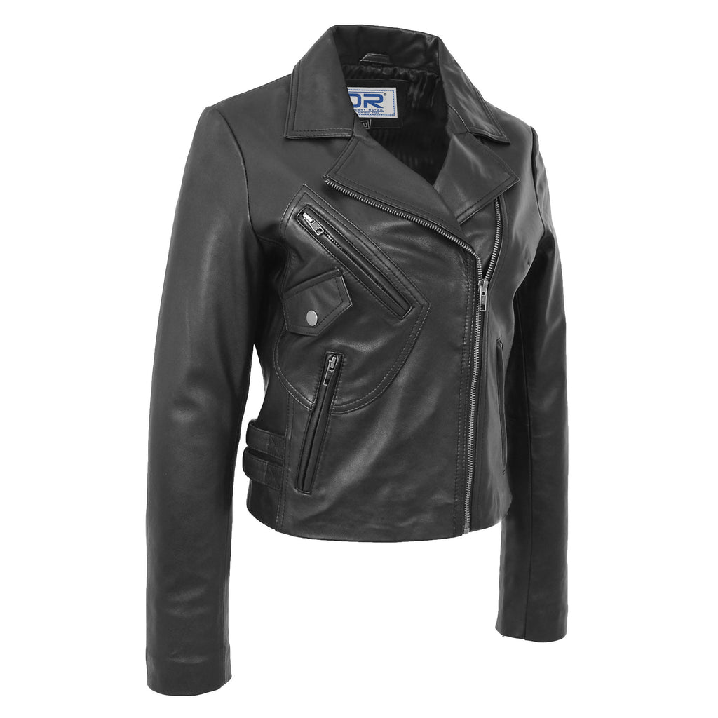 DR208 Women's Collarless Biker Leather jacket Black 4