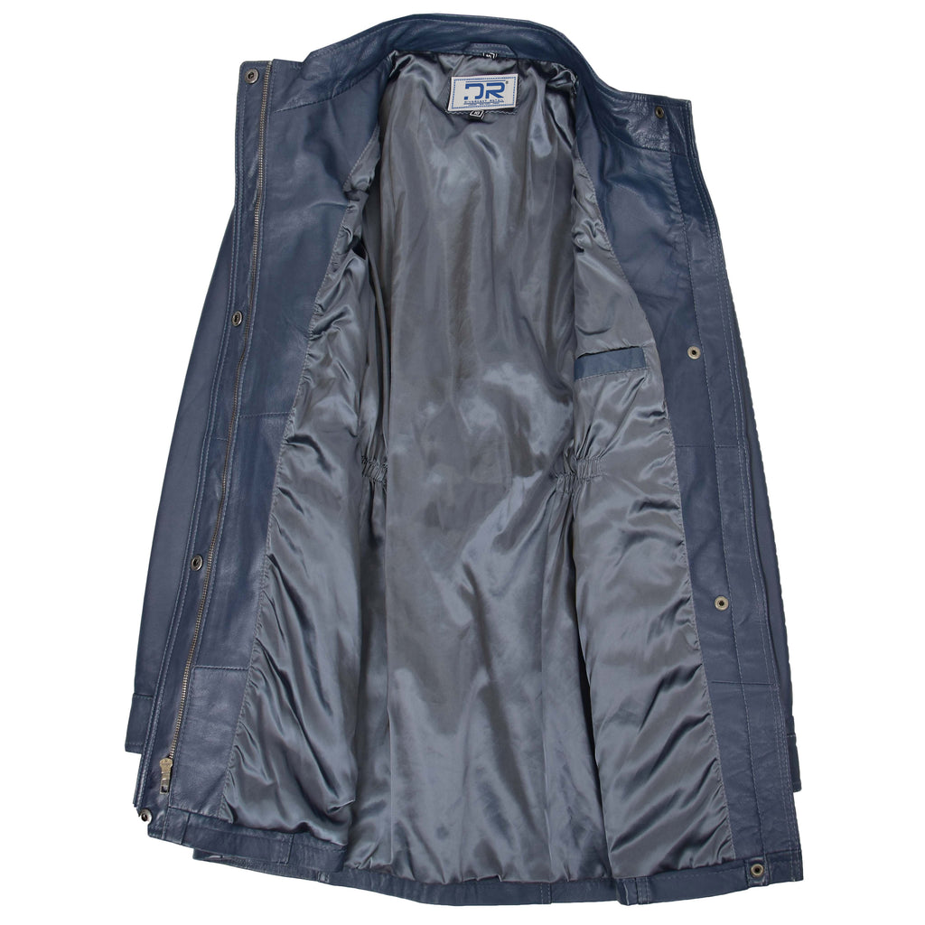 DR204 Women's Smart Long Leather Coat Hood with Fur Blue 5
