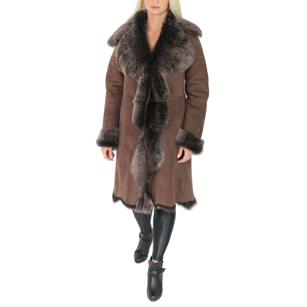 DR220 Women's Shearling Long Italian Sheepskin Leather Coat Brown Gold  3