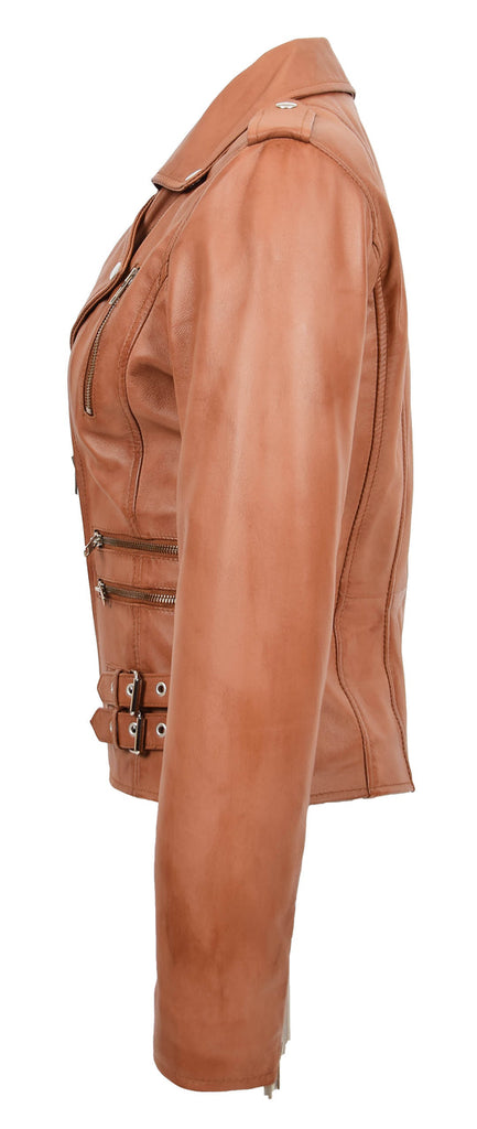 DR195 Women’s Trendy Biker Leather Jacket Cognac 4
