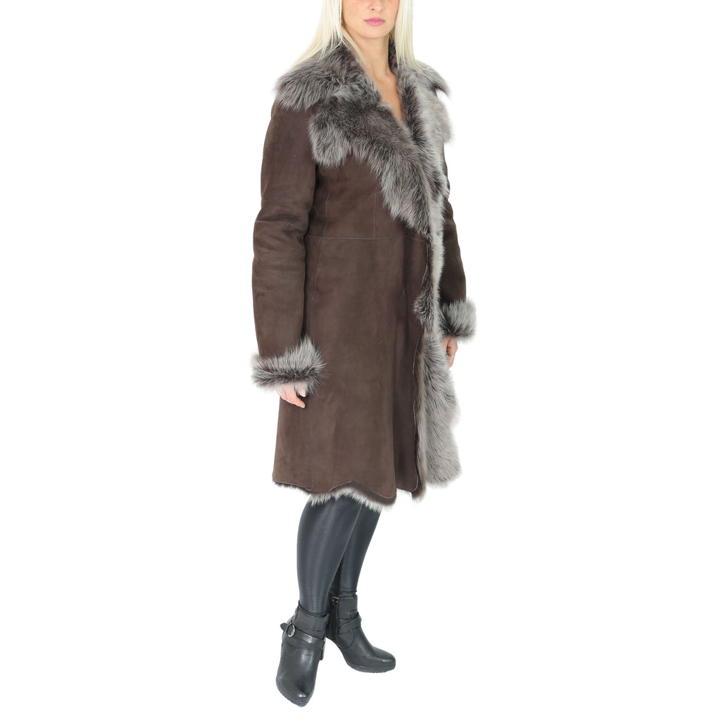 DR220 Women's Shearling Long Italian Sheepskin Leather Coat Brown 4